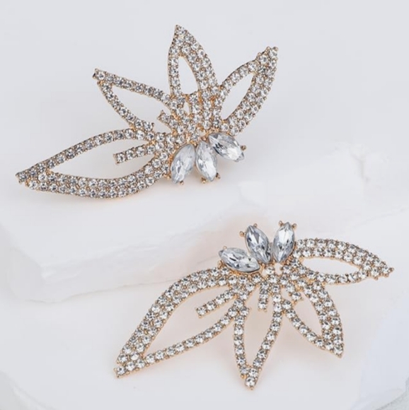 Pink Crystal Abstract Flower Outline Earrings Art Deco Rhinestone Petals Wings - Picture 6 of 6